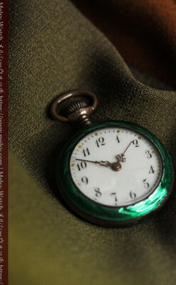 深緑のエナメル装飾 スイス製銀無垢アンティーク懐中時計-P2287-5