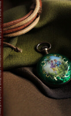 深緑のエナメル装飾 スイス製銀無垢アンティーク懐中時計-P2287-6