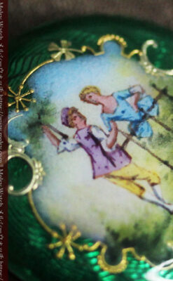 深緑のエナメル装飾 スイス製銀無垢アンティーク懐中時計-P2287-7