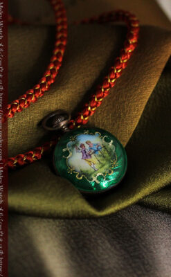 深緑のエナメル装飾 スイス製銀無垢アンティーク懐中時計-P2287-9