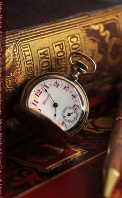 ワインレッドと金彩装飾 ハンプデンのアンティーク懐中時計 【1908年製】-P2288-11