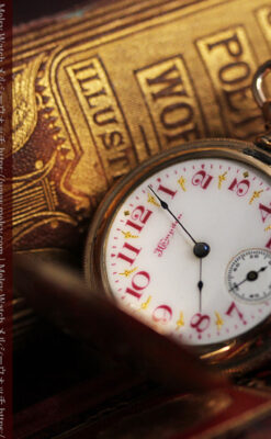 ワインレッドと金彩装飾 ハンプデンのアンティーク懐中時計 【1908年製】-P2288-12