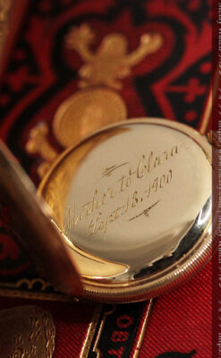 ワインレッドと金彩装飾 ハンプデンのアンティーク懐中時計 【1908年製】-P2288-15