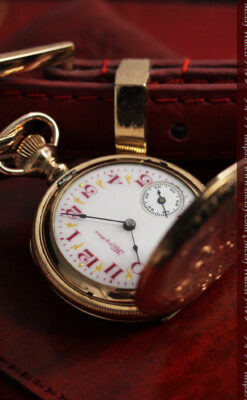 ワインレッドと金彩装飾 ハンプデンのアンティーク懐中時計 【1908年製】-P2288-6