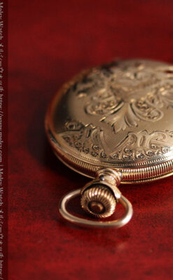 ワインレッドと金彩装飾 ハンプデンのアンティーク懐中時計 【1908年製】-P2288-7