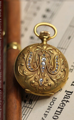 ロンジン 18金無垢アンティーク懐中時計 紋章型ダイヤモンド装飾 【1906年製】-P2289-15