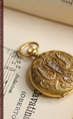 ロンジン 18金無垢アンティーク懐中時計 紋章型ダイヤモンド装飾 【1906年製】-P2289-18