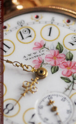 ウォルサム 金無垢アンティーク懐中時計 美しい花と金彩装飾【1886年製】箱付き-P2290-2