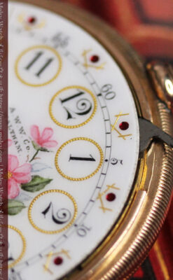 ウォルサム 金無垢アンティーク懐中時計 美しい花と金彩装飾【1886年製】箱付き-P2290-26