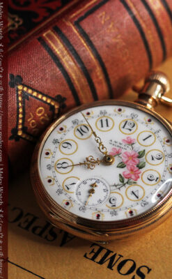 ウォルサム 金無垢アンティーク懐中時計 美しい花と金彩装飾【1886年製】箱付き-P2290-3
