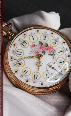ウォルサム 金無垢アンティーク懐中時計 美しい花と金彩装飾【1886年製】箱付き-P2290-6
