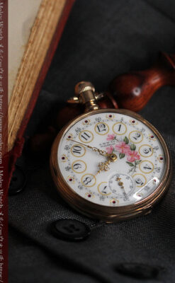 ウォルサム 金無垢アンティーク懐中時計 美しい花と金彩装飾【1886年製】箱付き-P2290-9