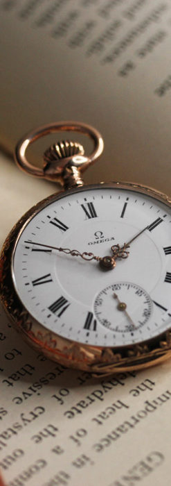 オメガ 彫りと装飾の美しい14金無垢アンティーク懐中時計 【1907年製】-P2296-1