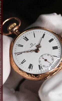 オメガ 彫りと装飾の美しい14金無垢アンティーク懐中時計 【1907年製】-P2296-17