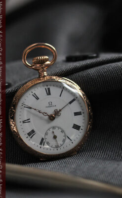 オメガ 彫りと装飾の美しい14金無垢アンティーク懐中時計 【1907年製】-P2296-5