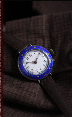 青いエナメル装飾の銀無垢アンティーク腕時計-W1441-1