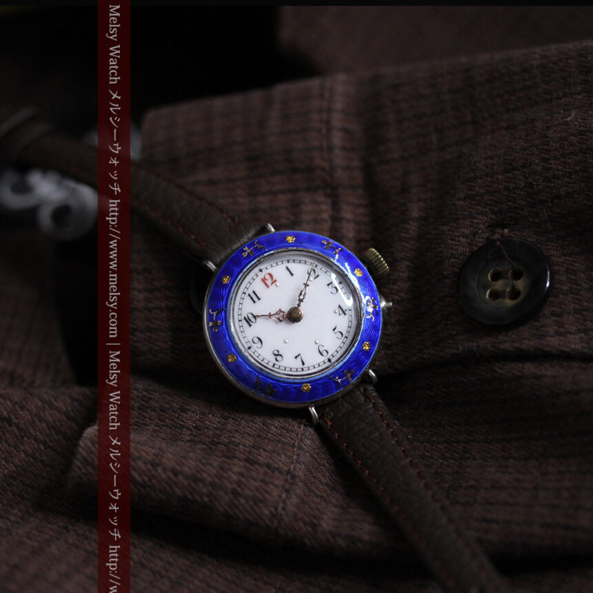青いエナメル装飾の銀無垢アンティーク腕時計-W1441-1
