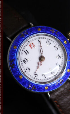 青いエナメル装飾の銀無垢アンティーク腕時計-W1441-10