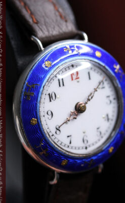 青いエナメル装飾の銀無垢アンティーク腕時計-W1441-11
