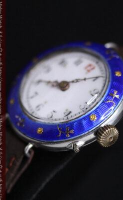 青いエナメル装飾の銀無垢アンティーク腕時計-W1441-12