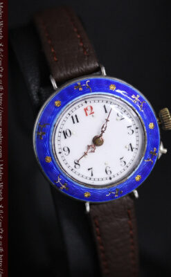 青いエナメル装飾の銀無垢アンティーク腕時計-W1441-13