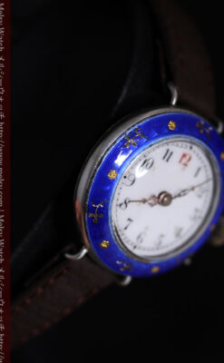 青いエナメル装飾の銀無垢アンティーク腕時計-W1441-14