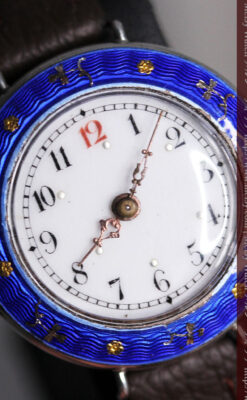 青いエナメル装飾の銀無垢アンティーク腕時計-W1441-3