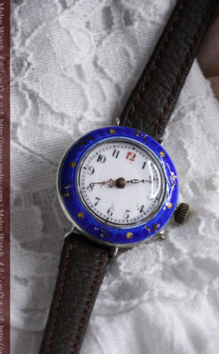 青いエナメル装飾の銀無垢アンティーク腕時計-W1441-4