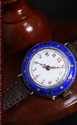 青いエナメル装飾の銀無垢アンティーク腕時計-W1441-6