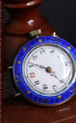 青いエナメル装飾の銀無垢アンティーク腕時計-W1441-7