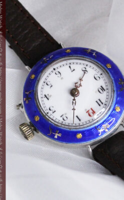 青いエナメル装飾の銀無垢アンティーク腕時計-W1441-8