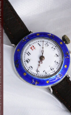 青いエナメル装飾の銀無垢アンティーク腕時計-W1441-9