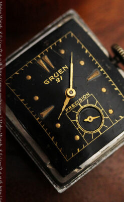 グリュエンの少し小さめの黒文字盤のアンティーク腕時計-W1459-12