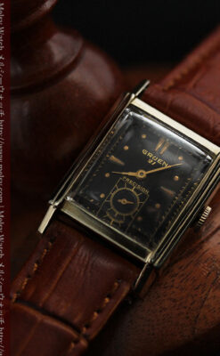 グリュエンの少し小さめの黒文字盤のアンティーク腕時計-W1459-6