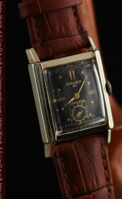 グリュエンの少し小さめの黒文字盤のアンティーク腕時計-W1459-8