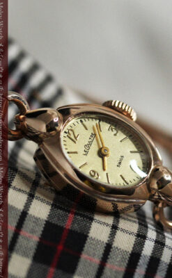 ジャガールクルトのローズ色の女性用アンティーク腕時計 【1940年頃】-W1473-9