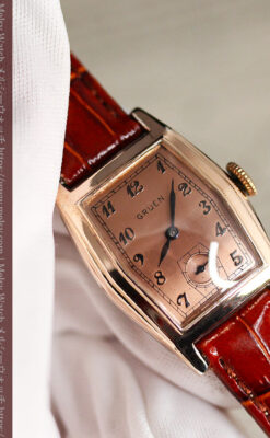 グリュエン 縦長六角形のアンティーク腕時計 ローズ色 【1950年頃】-W1482-11