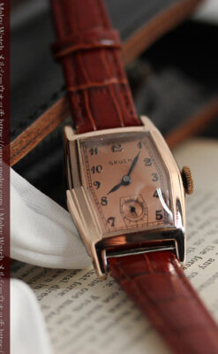 グリュエン 縦長六角形のアンティーク腕時計 ローズ色 【1950年頃】-W1482-8