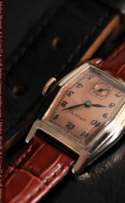 グリュエン 縦長六角形のアンティーク腕時計 ローズ色 【1950年頃】-W1482-9