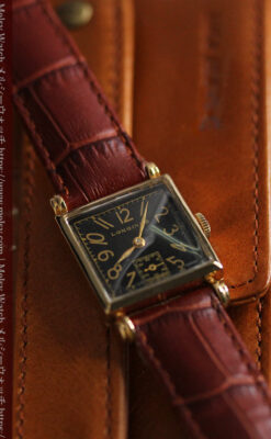 黒文字盤 四角形のロンジン女性用アンティーク腕時計 1941年製