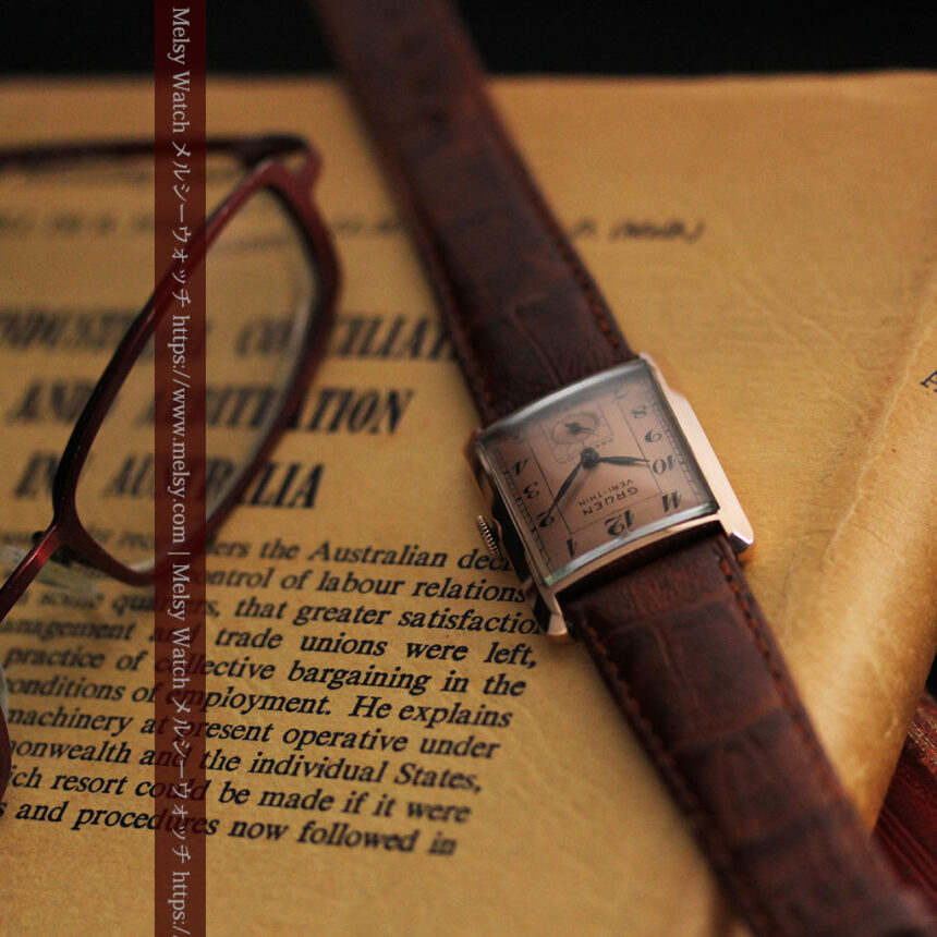 グリュエン 銀のアンティーク腕時計 カーブ＆ローズ色 【1940年頃】-W1491-1