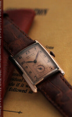 グリュエン 銀のアンティーク腕時計 カーブ＆ローズ色 【1940年頃】-W1491-2