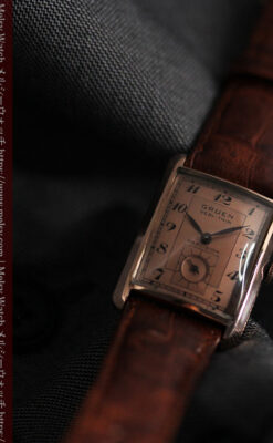 グリュエン 銀のアンティーク腕時計 カーブ＆ローズ色 【1940年頃】-W1491-5