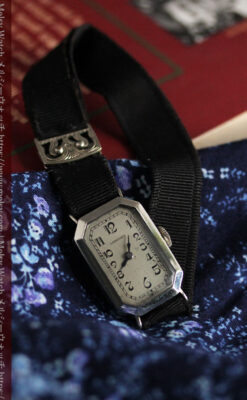 ロンジン 長八角形と布バンドの女性用アンティーク腕時計 【1926年製】-W1506-12