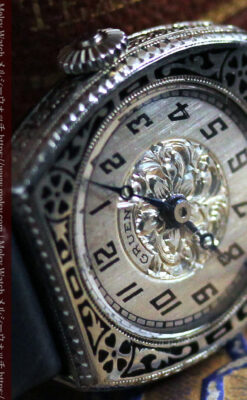 グリュエン 彫りとエナメル装飾の美しい女性用アンティーク腕時計 【1920年頃】-W1511-15