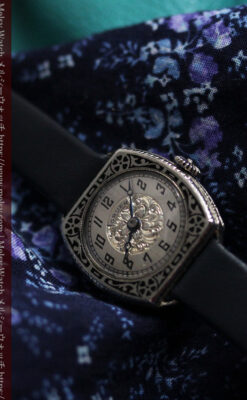 グリュエン 彫りとエナメル装飾の美しい女性用アンティーク腕時計 【1920年頃】-W1511-9