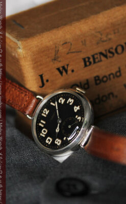 英国ベンソン 銀無垢＆黒文字盤の風格あるアンティーク腕時計 【1918年製】-W1512-13