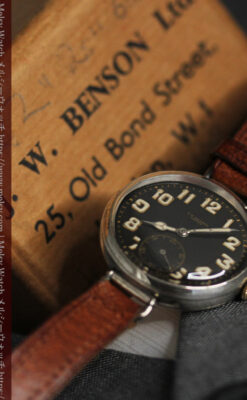英国ベンソン 銀無垢＆黒文字盤の風格あるアンティーク腕時計 【1918年製】-W1512-14