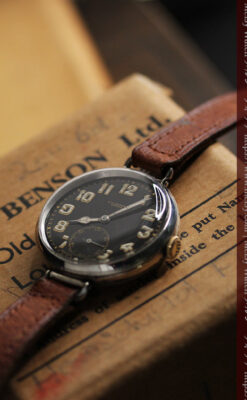 英国ベンソン 銀無垢＆黒文字盤の風格あるアンティーク腕時計 【1918年製】-W1512-16