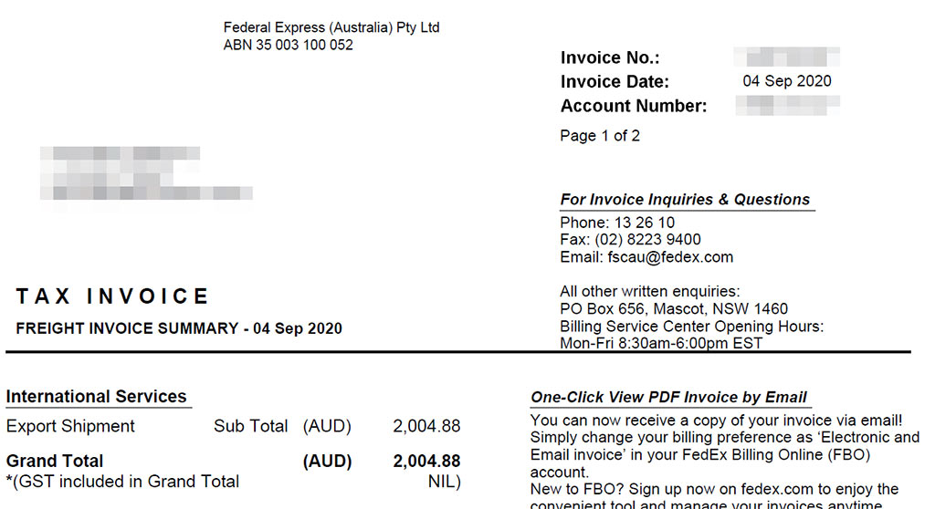 フェデックスの誤った請求書
